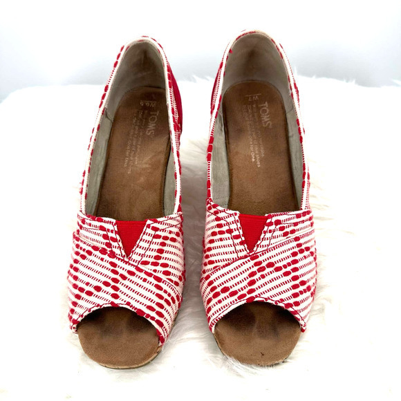 Toms size‎ 6.5 red white wedge heels peep toe slide on - Picture 2 of 8